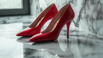 A pair of red high heels on a marble floor photo