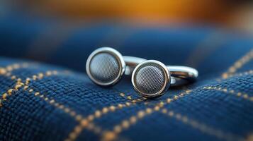 Two silver cufflinks on a blue cloth photo