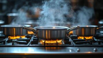 Steam coming out of pots on a stove photo