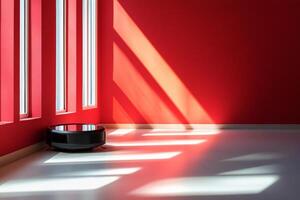 A red room with a black robot sitting on the floor photo