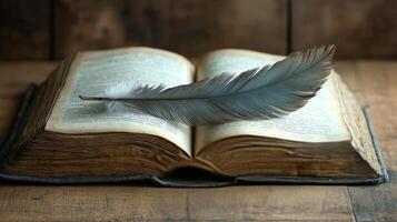 An open book with a feather on top photo