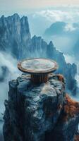 A table on top of a mountain with clouds in the background photo