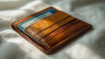 A leather wallet with a credit card in it photo
