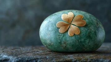 A green stone with a gold clover on top photo