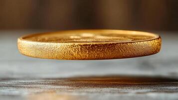 Golden coin floating in air on wooden table photo