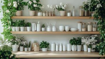 A shelf with white pots and plants on it photo