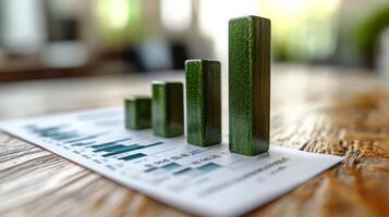 A green bar graph on top of a paper photo