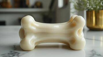 A white bone shaped candle sitting on a table photo