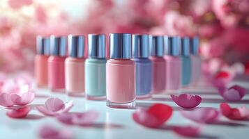 Nail polish bottles with pink flowers on a white background photo