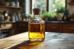 A bottle of olive oil sitting on a wooden table photo