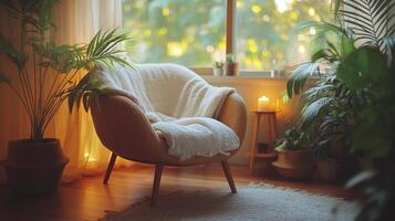 A chair in front of a window with a blanket photo