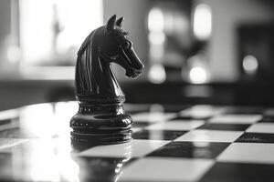 Black and white photo of a chess piece on a chess board