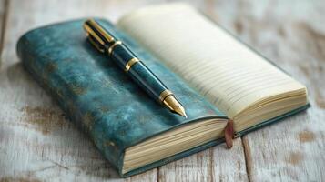 Pen and notebook on wooden table photo
