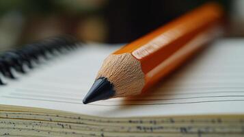 A pencil is sitting on top of a notebook photo