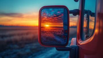 A truck mirror with a sunset in the background photo