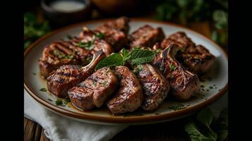 Grilled lamb chops on a plate with mint leaves photo