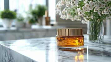 A bottle of perfume sitting on a marble counter photo