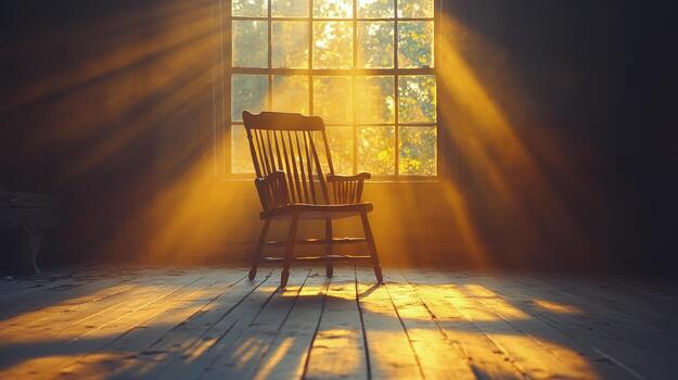 An empty chair in front of a window with sunlight streaming through it photo