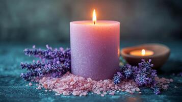 Relaxing sunset ambiance with candle and lavender by the sea photo