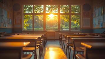 A classroom with empty desks and the sun setting behind it photo
