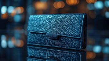 A black leather wallet sitting on a table photo