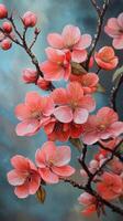 A painting of pink flowers on a branch photo