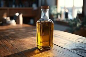 A bottle of olive oil sitting on a wooden table photo
