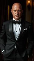 A bald man in a tuxedo and bow tie photo