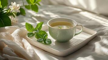 A cup of green tea sits on a white tray with a green leaf photo
