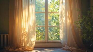 An open window with curtains and sunlight shining through photo
