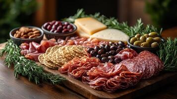 A platter of meat, cheese and olives photo