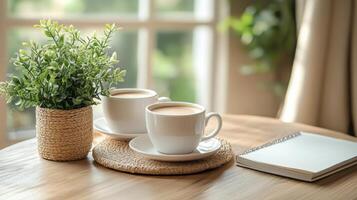 Coffee and notebook on wooden table photo