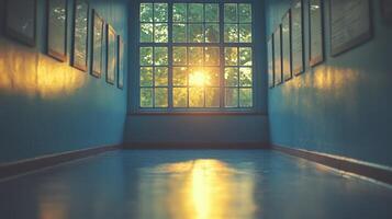 A long hallway with a window and a light shining through it photo