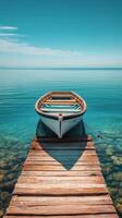 A boat sitting on a dock in the ocean photo