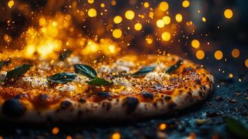 A pizza with sauce and cheese on a table photo