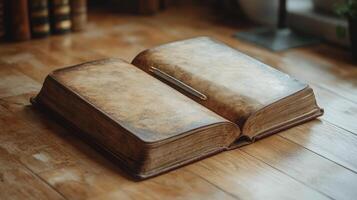 An old book on a wooden floor photo