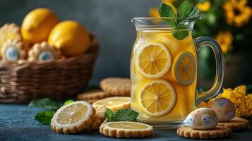 Lemonade in a glass with cookies and lemon slices photo