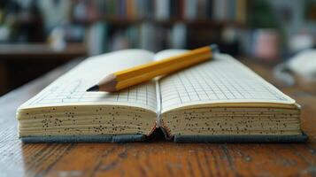 A pencil and notebook on a book on a wooden table photo