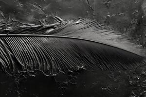 Detailed close-up of a delicate feather showcasing water droplets in black and white photo