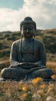A buddha statue is sitting in the middle of a field photo
