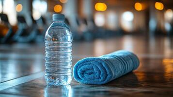A bottle of water and a towel on the floor photo