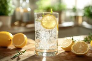 A glass of water with lemon slices and herbs photo