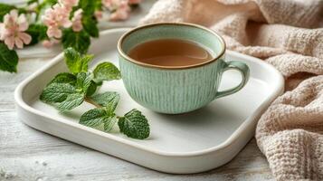 A cup of tea with mint leaves on a white tray photo