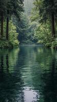 A lake surrounded by trees and green vegetation photo