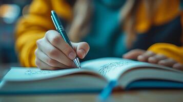 Woman writing in notebook photo