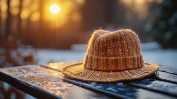 A hat sits on a bench in the snow photo