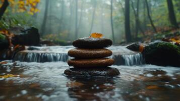Stacking stones in a stream in the forest photo