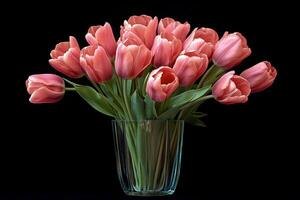 A vase filled with pink tulips on a black background photo