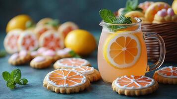 Citrus lemonade with cookies and mint leaves photo