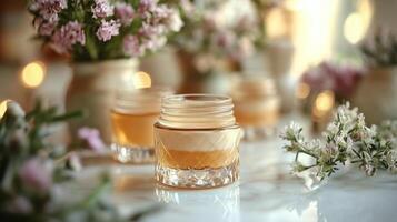 Three jars of honey on a table with flowers photo